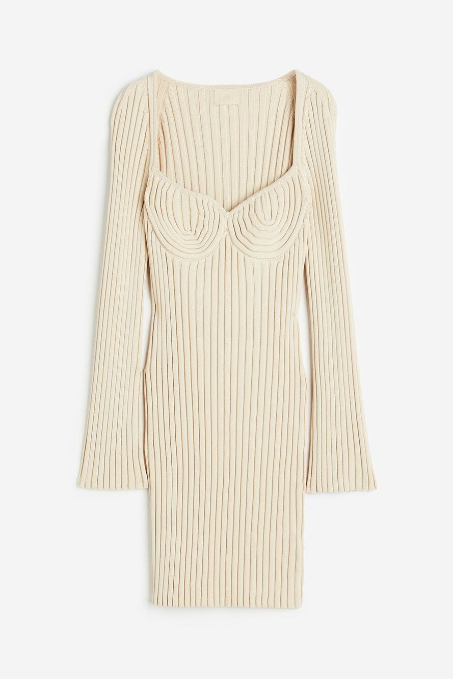 H&M Light Beige Rib-Knit Bodycon Dress Size XS New